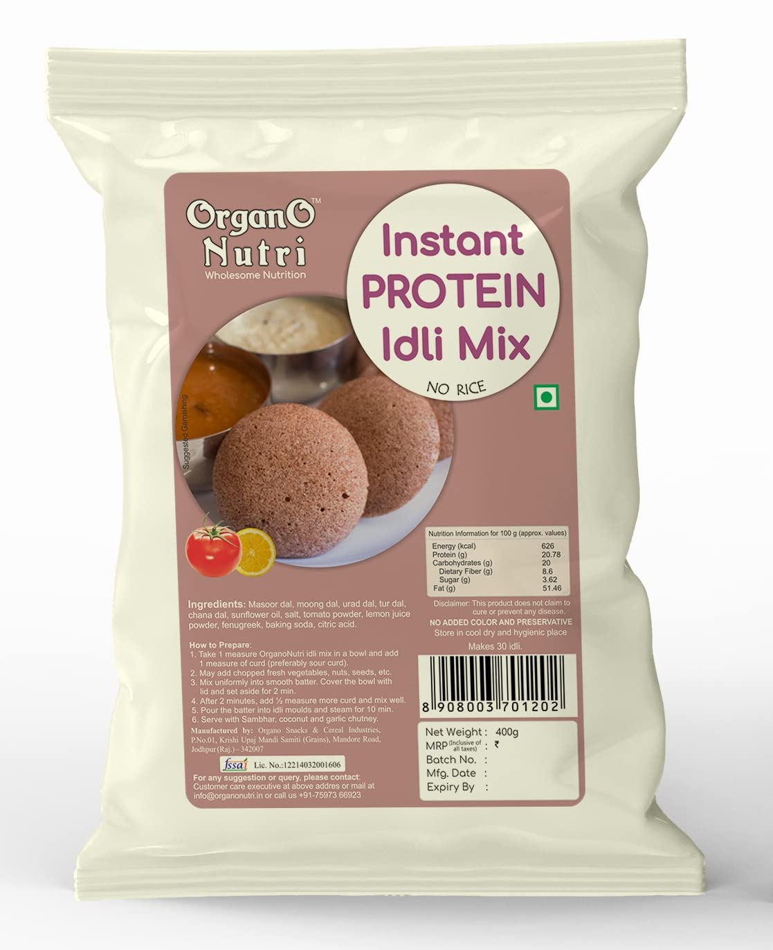 OrganoNutri Instant Protein Idli Mix (No Rice), 400g