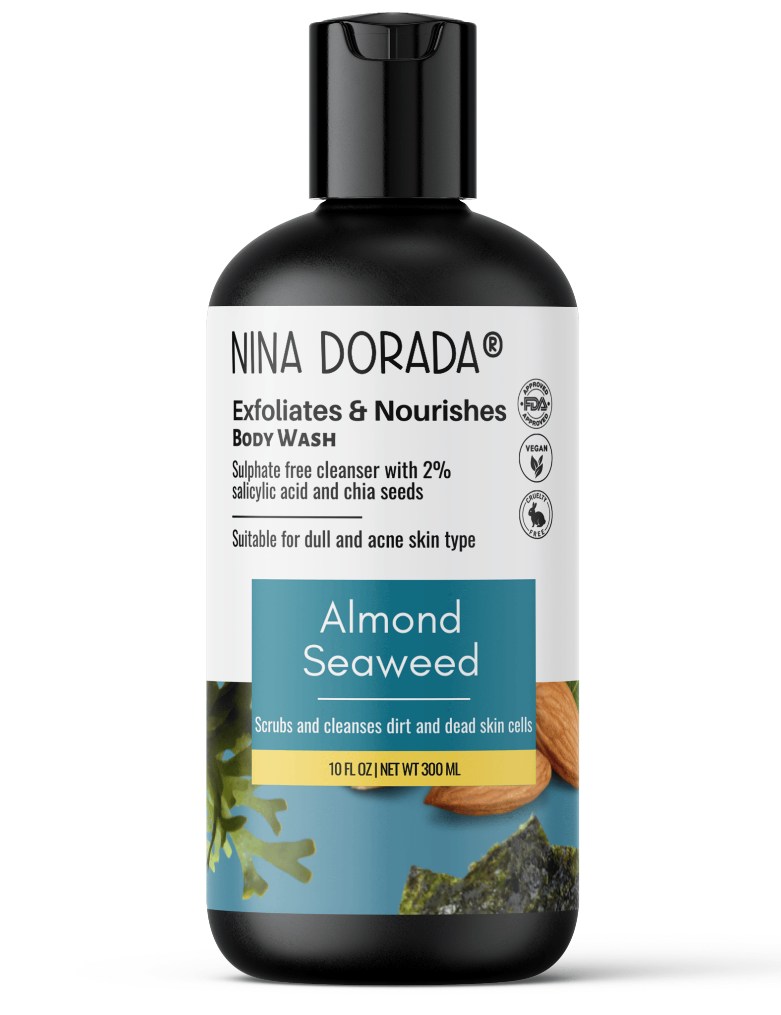 Nina Dorada Anti Acne 2% Salicylic Body Wash with Almond and Seaweed | With Chia Seeds for Exfoliation | Hydrating and Refreshing Shower Gel | Sulphate Free | 300ml…