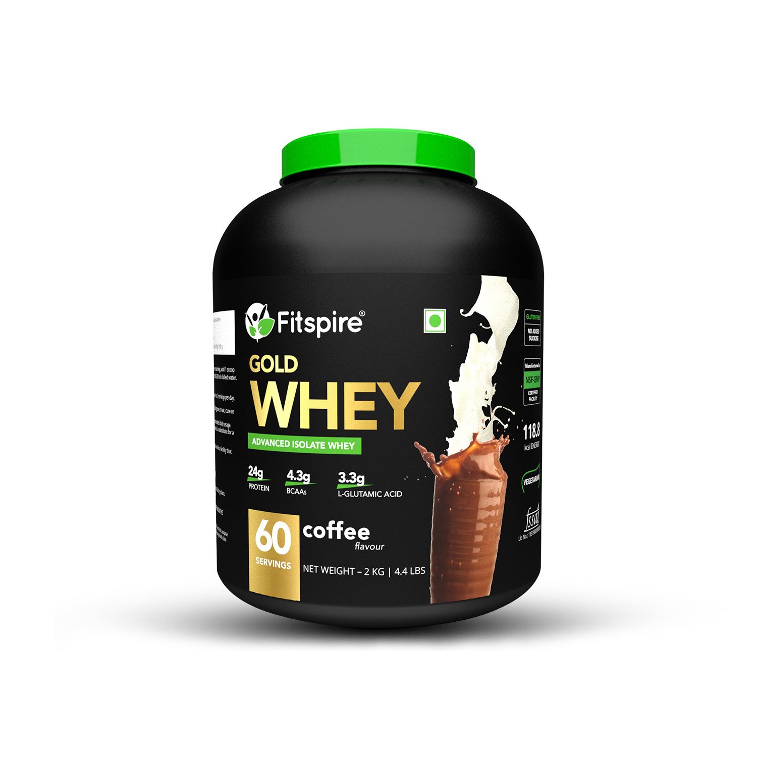Fitspire 100% Gold Advanced Isolate Whey Protein - Coffee, 2 kg/4.4 lb | 33 gm Serving Size | 24 gm Protein | 4.3 gm BCAA | Gluten & cholesterol Free | Powder Supplement | - 60 Servings