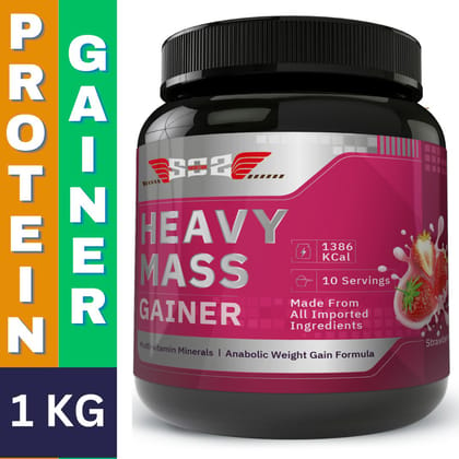 SOS Nutrition Heavy Mass Gainer (Pack of 1 Kg, Strawberry Flavor), High Protein Weight Gainer with Enhanced Gaining Formula and 23 Essential Vitamin and Minerals for Muscle Mass Gain