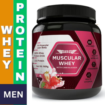 SOS Nutrition Muscular Protein, Men Whey Protein Powder with Ayuveda Herbs and Multivitamins for Muscle Building, Muscle Recovery, Strong Bones, 25g Protein, 5.5g BCAA (Strawberry Cream, 910g)