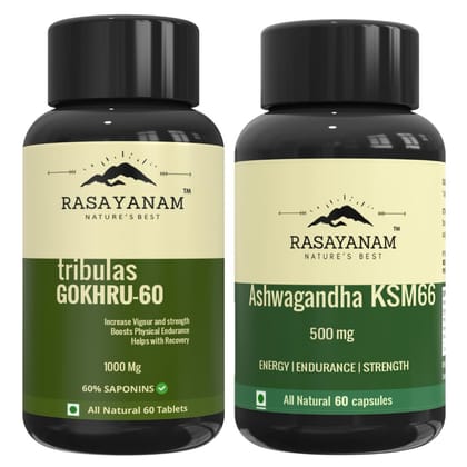 Rasayanam Ashwagandha KSM-66 (500 mg) and Tribulas Gokhru-60 Gokshura Tablets 1000mg PACK OF 2 | Extra Strength Natural Formulation | Support Strength & Energy | For Both Men & Women