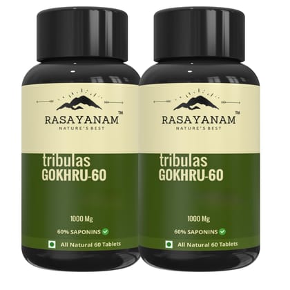 Rasayanam Tribulas Gokhru-60 Gokshura Tablets 1000mg (PACK OF 2) | Ultra High Concentrated 60% Saponins | Improves Vigour | Tribulus Terrestris | For both Men & Women