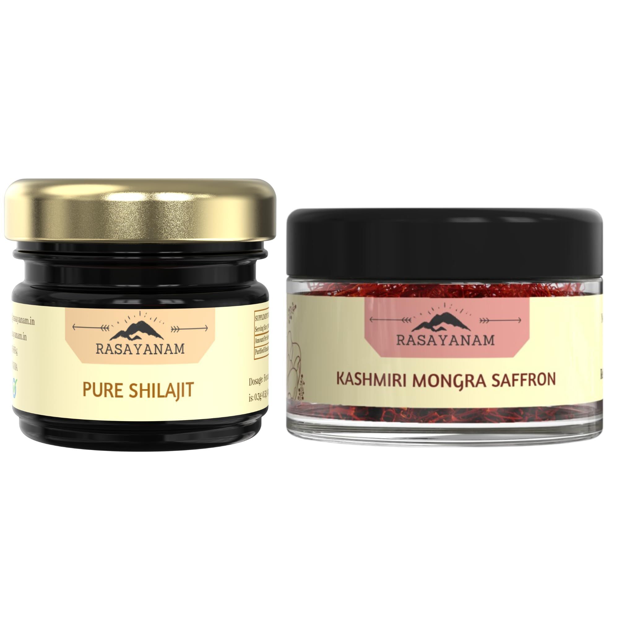 Rasayanam Pure Original Kashmiri Saffron/Kesar/Kumkuma Puvvu (1gm) and Pure Original Himalayan Shilajit/Shilajeet Resin 20g | Certified Highest Grade A | Combo Pack of 2