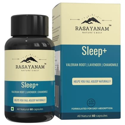 Rasayanam Sleep+ 1000mg | Natural Sleeping Capsules with Valerian Root, Lavender, Chamomile | Helps calm & blissful sleep | Non habit forming 60 Capsules