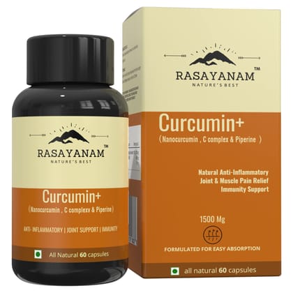 Rasayanam Curcumin+ 1500mg | Extra Pure Nano Curcumin capsules with Bioperine | Turmeric & Black pepper extract | Joint Support Supplement for men & women