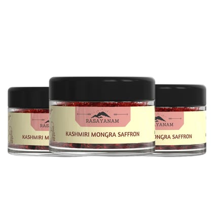 Rasayanam Pure Kashmiri Mongra Saffron/Kesar/Kumkuma Puvvu | Tested Grade A as per ISO 3632 | From the finest farmland of Pampore, J&K - PACK OF 3