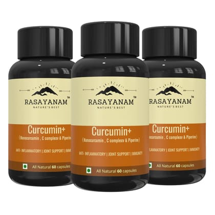 Rasayanam Curcumin+ 1500mg PACK OF 3 | Extra Pure Nano Curcumin capsules with Bioperine | Turmeric & Black pepper extract | Joint Support Supplement for men & women
