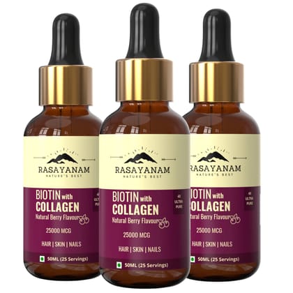Rasayanam Liquid Biotin & Collagen for Hair Growth PACK OF 3 (Sugar-free Berry Flavour) | Supports Glowing Skin, Hair Growth & Healthy Nails | Stronger Than Tablets & Capsules | For Men & Women