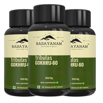 Rasayanam Tribulas Gokhru-60 Gokshura Tablets 1000mg (PACK OF 3) | Ultra High Concentrated 60% Saponins | Improves Vigour | Tribulus Terrestris | For both Men & Women