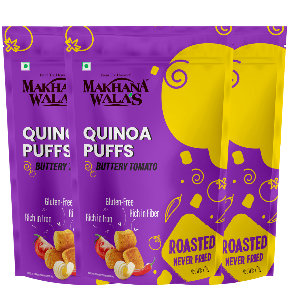 Makhanawala’s Quinoa puff | Buttery Tomato | Gluten Free Vegan Healthy Snacks | Rich in Protein & Calcium | 70 g Each (Pack of 3) (Buttery Tomato)