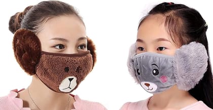 Clastik Reusable Teddy Bear Face Mask With Warm Plush Earmuffs 5 to 10 Year | Pack of 2 (Random Color)