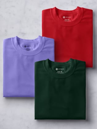 Lilac, Red & Forest Green Half Sleeve Round Neck Cotton Plain Regular Fit Pack of 3 combo T-Shirt for men by Ghumakkad