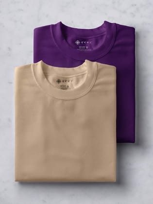 Deep Purple & Beige Half Sleeve Round Neck Cotton Plain Regular Fit Pack of 2 combo T-Shirt for men by Ghumakkad
