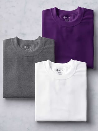 White, Deep Purple & Dark Grey Half Sleeve Round Neck Cotton Plain Regular Fit Pack of 3 combo T-Shirt for men by Ghumakkad