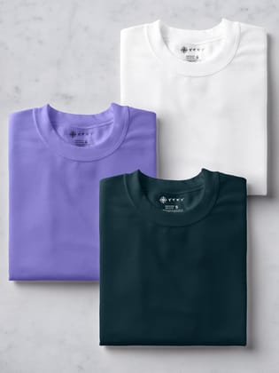 White, Teal Blue & Lilac Half Sleeve Round Neck Cotton Plain Regular Fit Pack of 3 combo T-Shirt for men by Ghumakkad