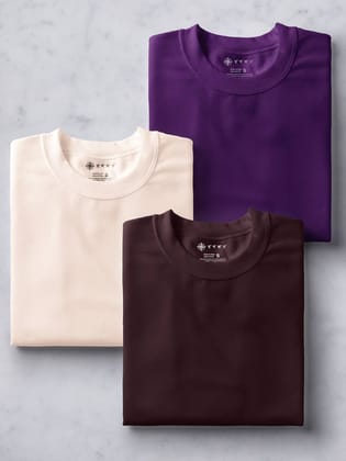 Muted Peach, Deep Purple & Coffee Brown Half Sleeve Round Neck Cotton Plain Regular Fit Pack of 3 combo T-Shirt for men by Ghumakkad