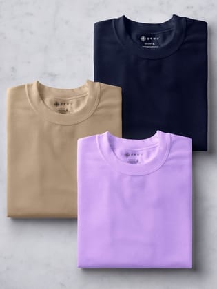 Lavender, Beige & Midnight Blue Half Sleeve Round Neck Cotton Plain Regular Fit Pack of 3 combo T-Shirt for men by Ghumakkad