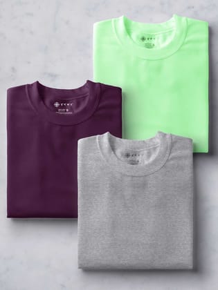 Electric Mint, Wine & Light Grey Half Sleeve Round Neck Cotton Plain Regular Fit Pack of 3 combo T-Shirt for men by Ghumakkad