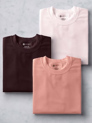 Sunset Pink, Coffee Brown & Soft Pink Half Sleeve Round Neck Cotton Plain Regular Fit Pack of 3 combo T-Shirt for men by Ghumakkad