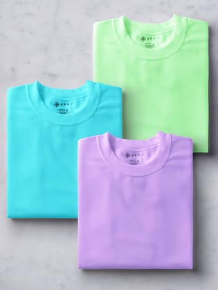 Celeste Blue, Electric Mint & Lavender Half Sleeve Round Neck Cotton Plain Regular Fit Pack of 3 combo T-Shirt for men by Ghumakkad