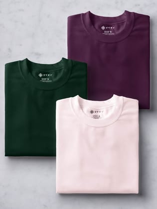 Wine, Forest Green & Soft Pink Half Sleeve Round Neck Cotton Plain Regular Fit Pack of 3 combo T-Shirt for men by Ghumakkad