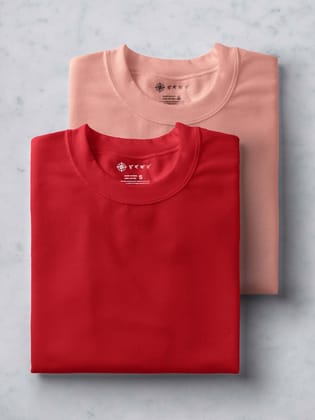 Red & Sunset Pink Unisex Half Sleeve Round Neck Cotton Plain Regular Fit Pack of 2 combo T-Shirt for men by Ghumakkad