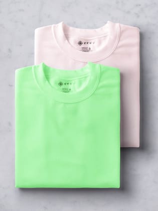 Electric Mint & Soft Pink Half Sleeve Round Neck Cotton Plain Regular Fit Pack of 2 combo T-Shirt for men by Ghumakkad