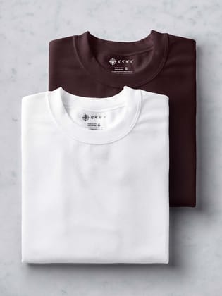 Coffee Brown & White Half Sleeve Round Neck Cotton Plain Regular Fit Pack of 2 combo T-Shirt for men by Ghumakkad