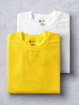 White & Yellow Half Sleeve Round Neck Cotton Plain Regular Fit Pack of 2 combo T-Shirt for men by Ghumakkad