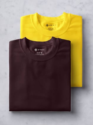 Yellow & Brown Half Sleeve Round Neck Cotton Plain Regular Fit Pack of 2 combo T-Shirt for men by Ghumakkad