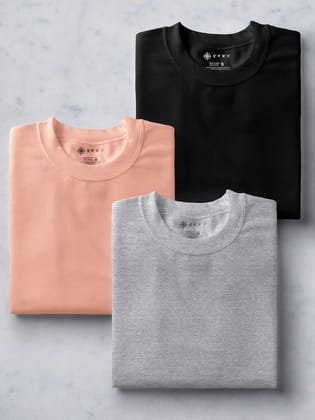 Black, Peach & Light Grey Half Sleeve Round Neck Cotton Plain Regular Fit Pack of 3 combo T-Shirt for men by Ghumakkad