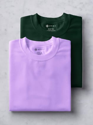 Lavender & Forest Green Half Sleeve Round Neck Cotton Plain Regular Fit Pack of 2 combo T-Shirt for men by Ghumakkad