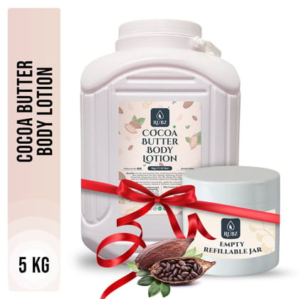 Rubz Cocoa Butter Body Milk with goodness of Pure Cocoa Butter 5 Kg | Bulk Body Lotion 5 Litre with Refillable 200g Plastic Jar | Best for Hotel, Spa, Salon