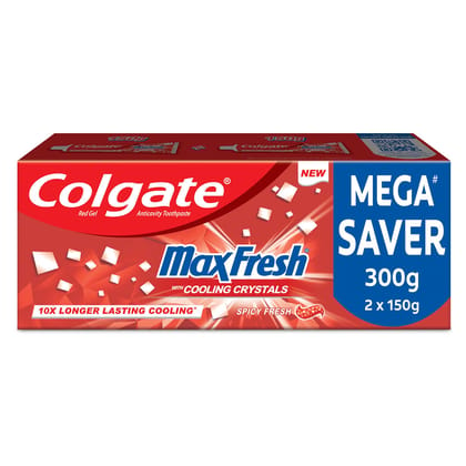 Colgate MaxFresh Toothpaste, Red Gel Anticavity Toothpaste with cooling crystals for Super Fresh Breath, 300g, 150g X 2