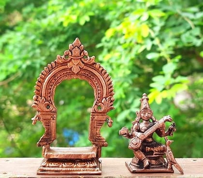 Searchers Paradise - Copper Idols Saraswathi with Prabhavalli, 3.3 inches, Copper Handmade146  Grams, Patina Antique Finish, Pack of 1 Piece
