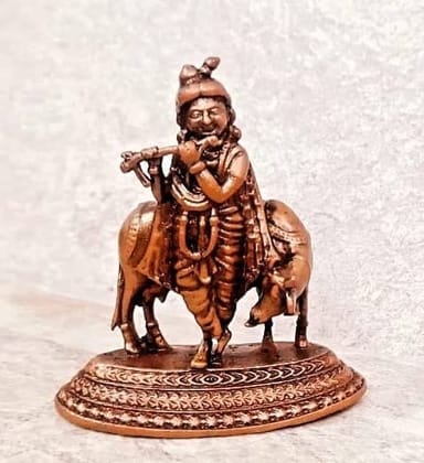 Searchers Paradise - Copper Idols  Krishna with cow, 2.4  inches, Copper Handmade  107 Grams, Patina Antique Finish, Pack of 1 Piece