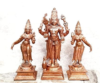 Searchers Paradise - Copper Idols Murugar with Valli and Deivanani ,6.2  inches, Copper Handmade 1400 Grams, Patina Antique Finish, Pack of 1 Piece