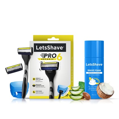 LetsShave Pro 6 Advance Manual Shaving Razor for Men, Shaving Kit with Pro 6 Blade Advance Razor for Men, Shaving Foam with rich lather & Free Razor cap for blade hygiene