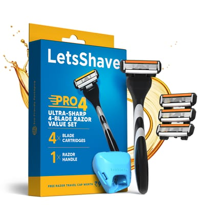LetsShave Pro 4 Value Set- Four Blade Razors for Men with 4 Shaving Blade Refills/Cartridges & Razor Cap for Hygiene | Made in South Korea - Sold in 130 Countries | Hair Removal Razor Shaving Kit