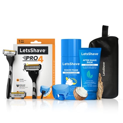 LetsShave Pro 4 Grooming & Shaving Kit - Pro 4 Razor Handle + 2 blade refills + Shave Foam - 200g + After Shave Balm + Travel Cap