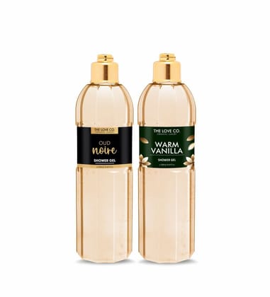 THE LOVE CO. Oud Noir & Warm Vanilla Body Wash Set - Opulent Shower Gel Combo (2-Pack) - Sumptuous Moisturizing Formula for All - Rich, Enduring Fragrance - 250ml Each