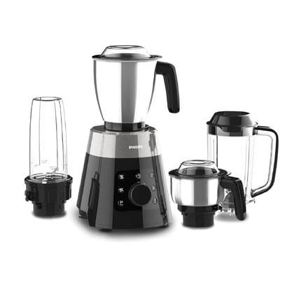 Philips HL7777/00 Mixer Grinder, 750W, 4 Jars, Smart One-Touch Mode, 50%* Reduction in Sound Power, Digital Interface, Intelli-Speed Technology for Pre-set Cooking, Soft Sound Technology, Metallic Silver and Bold Black, Large