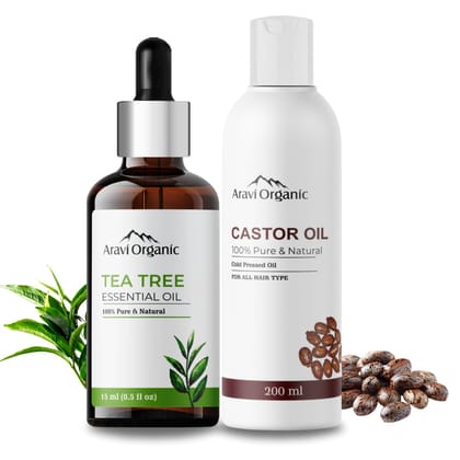 Aravi Organic Cold Pressed Castor Carrier Oil 200ml & Tea Tree Essential Oil 15ml Combo (Pack of 2)