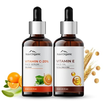 Aravi Organic 20% Vitamin C Serum & Vitamin E Oil For Face Whitening, Pigmentation, Radiant Skin, Body, Nail, Dry Skin - (30 ml Each)