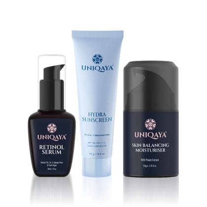 Uniqaya Age-Defying Combo With Retinol Serum, Balancing Moisturizer & Hydra Sunscreen for All Skin Type